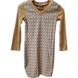 Un Deux Trois Girls Dress Sz 12 Beige Argyle Long Sleeve V-Neck Fall Vtg Y2K